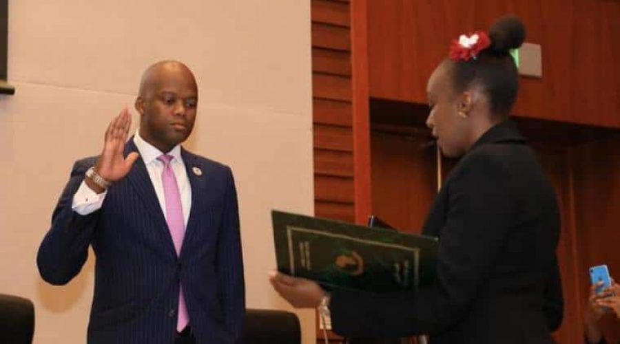 H.E. Wamkele Mene is sworn-in on 19 March 2020 as first Secretary-General of the AfCFTA at the African Union Headquarters in Addis Ababa, Ethiopia